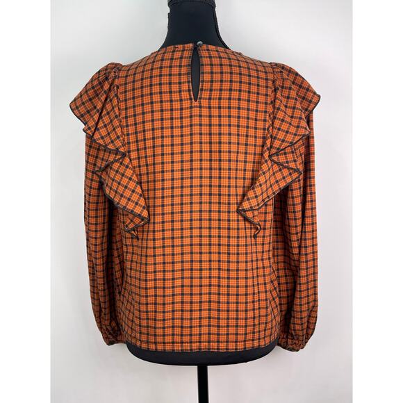 Madewell Burnt Orange & Black Plaid Ruffle Front Long Sleeve Top - Picture 2 of 8